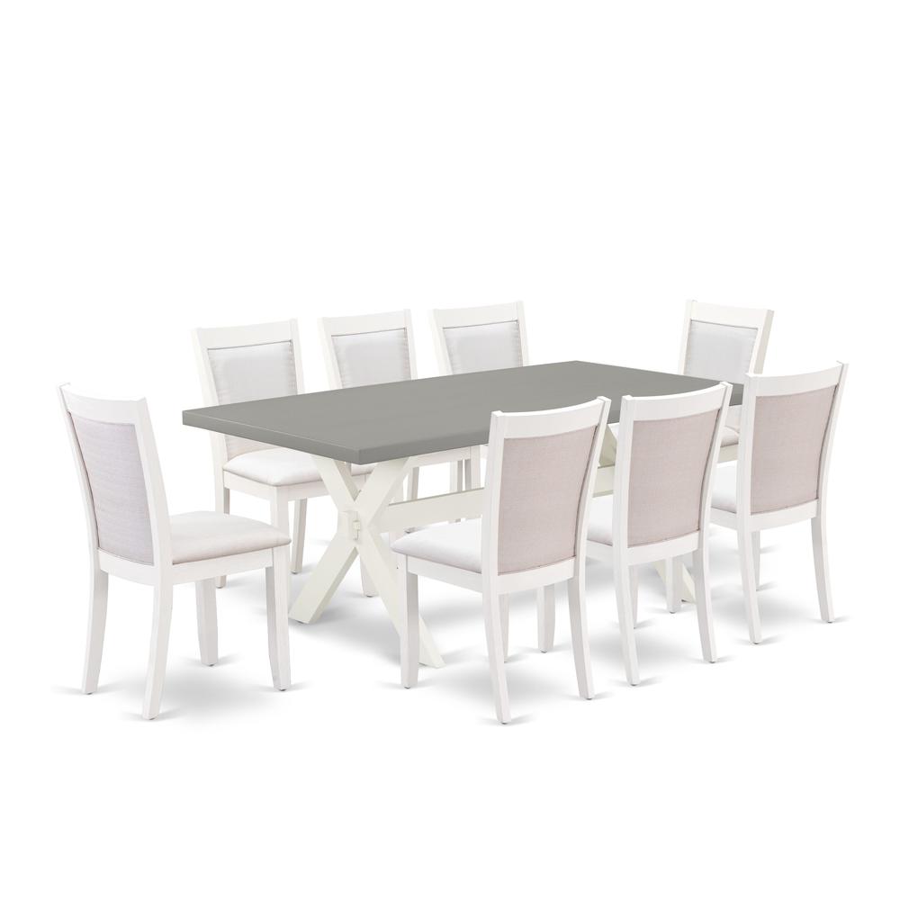 East West Furniture 9-Pc Dinner Table Set Consists of a Dining Room Table and 8 Cream Linen Fabric Dining Room Chairs with Stylish Back - Wire Brushed Linen White Finish. Picture 2