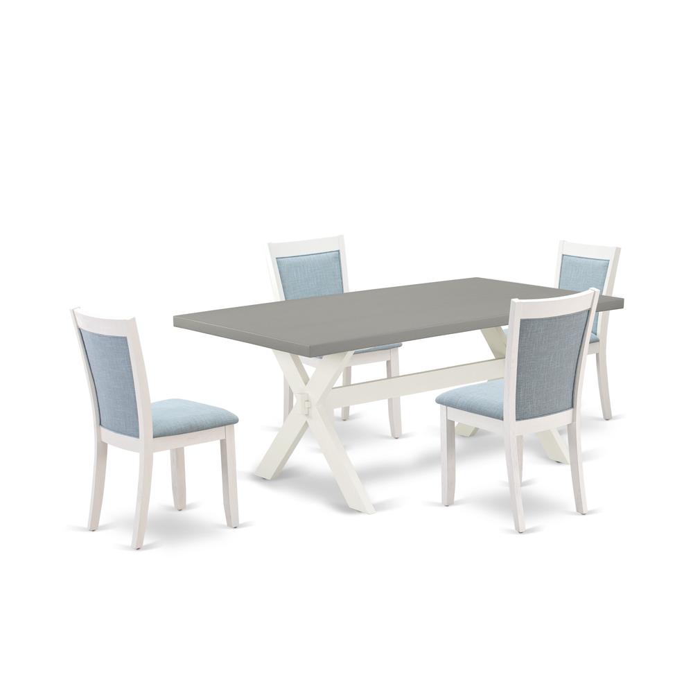 East West Furniture 5-Pc Modern Dining Table Set Consists of a Wooden Kitchen Table and 4 Baby Blue Linen Fabric Parson Dining Chairs with Stylish Back - Wire Brushed Linen White Finish. Picture 2