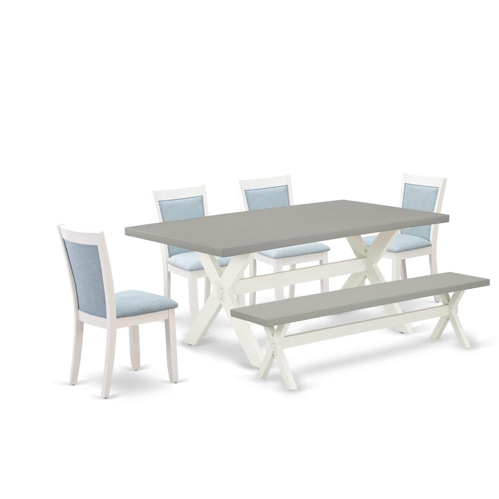 East West Furniture 6-Pc Dining Table set Consists of a Modern Dining Table - 4 Baby Blue Linen Fabric Dinner Chairs with Stylish Back and a Wooden Bench - Wire Brushed Linen White Finish. Picture 2