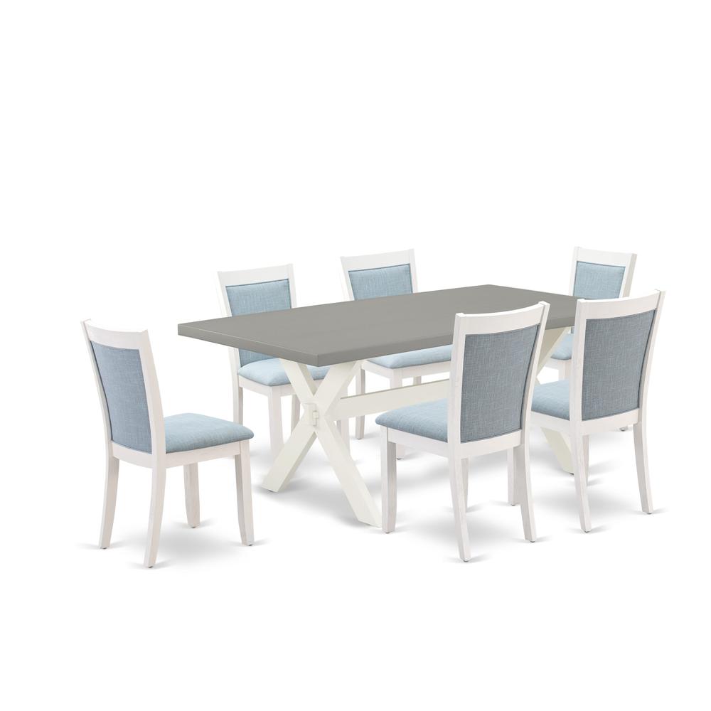East West Furniture 7-Pc Table Set Consists of a Mid Century Table and 6 Baby Blue Linen Fabric Upholstered Chairs with Stylish Back - Wire Brushed Linen White Finish. Picture 2