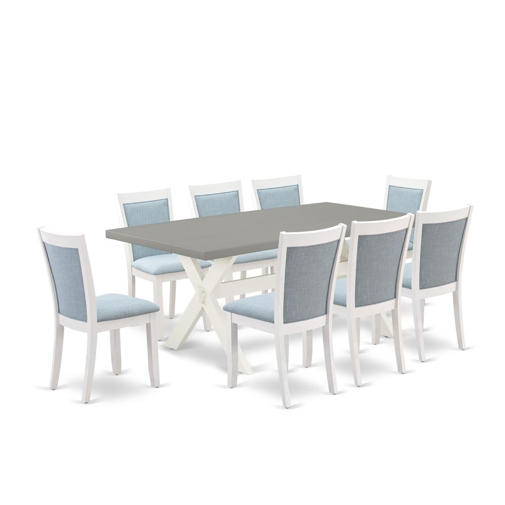 East West Furniture 9-Pc Kitchen Dining Table Set Consists of a Rectangular Dining Table and 8 Baby Blue Linen Fabric Dining Chairs with Stylish Back - Wire Brushed Linen White Finish. Picture 2