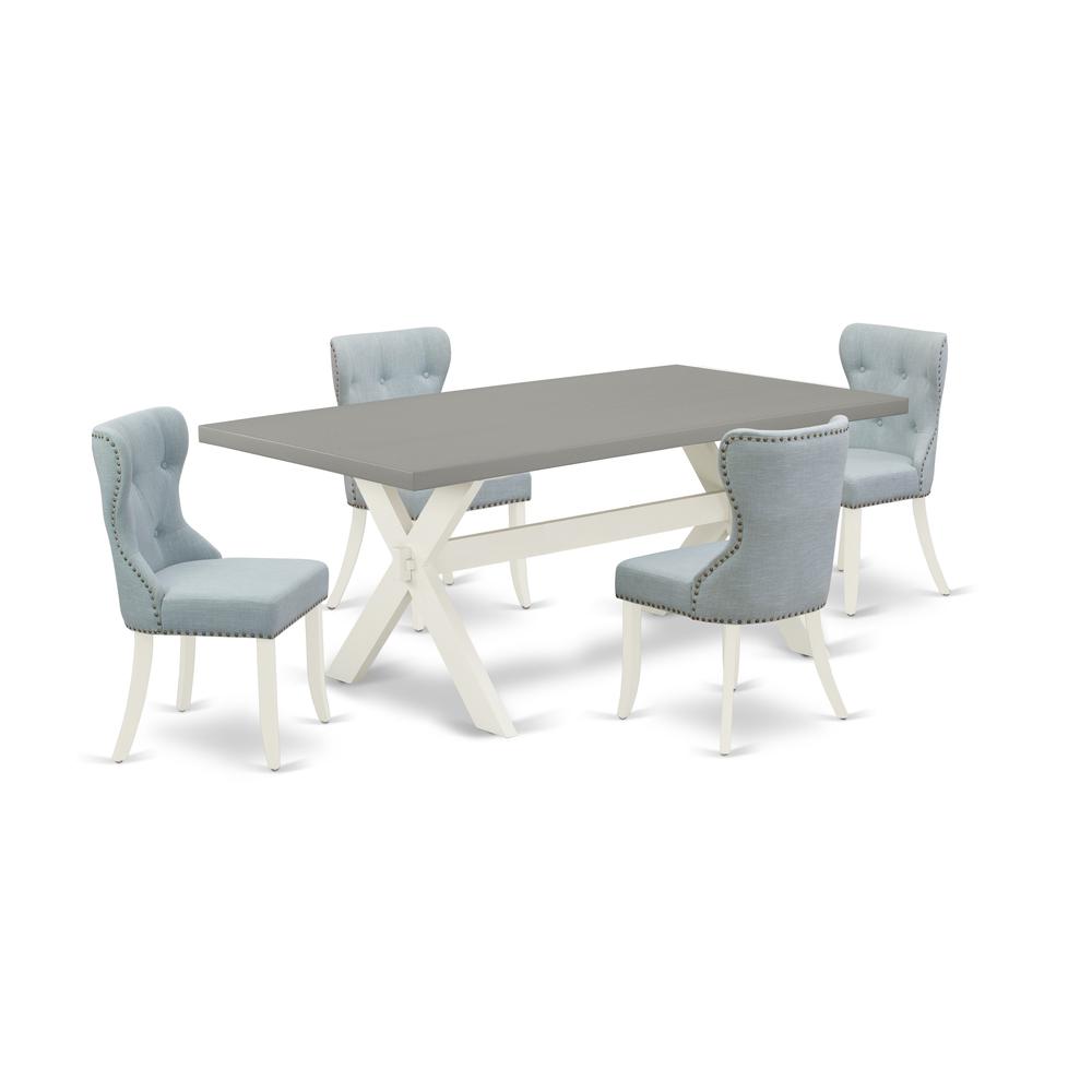 East West Furniture X097SI215-5 5-Pc Kitchen Dining Room Set- 4 Dining Room Chairs with Baby Blue Linen Fabric Seat and Button Tufted Chair Back - Rectangular Table Top & Wooden Cross Legs - Cement an. Picture 1