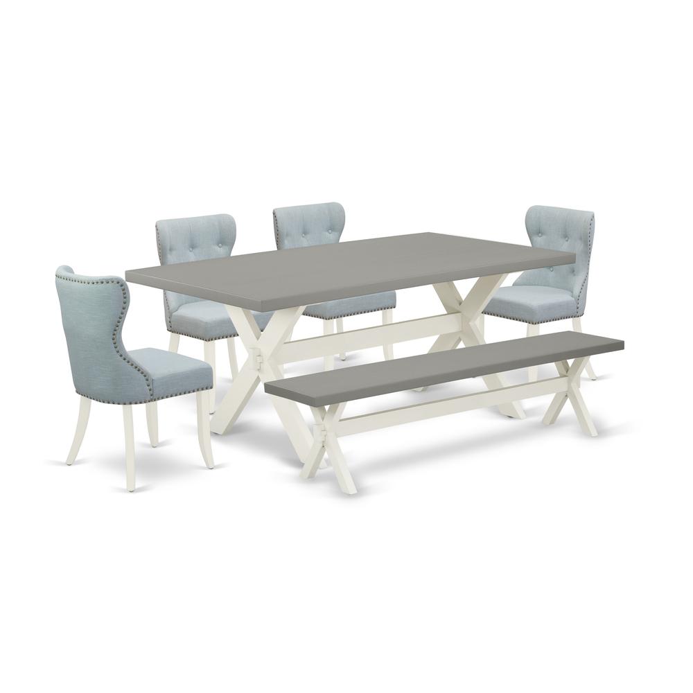 East West Furniture X097SI215-6 6-Piece Dining Table Set- 4 Dining Room Chairs with Baby Blue Linen Fabric Seat and Button Tufted Chair Back - Rectangular Top & Wooden Cross Legs Dining Room Table and. Picture 1