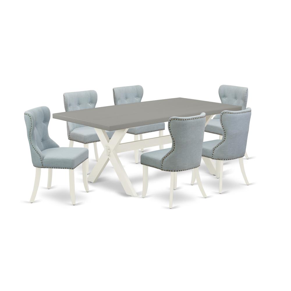 East West Furniture X097SI215-7 7-Piece Dining Room Table Set- 6 Upholstered Dining Chairs with Baby Blue Linen Fabric Seat and Button Tufted Chair Back - Rectangular Table Top & Wooden Cross Legs - C. Picture 1
