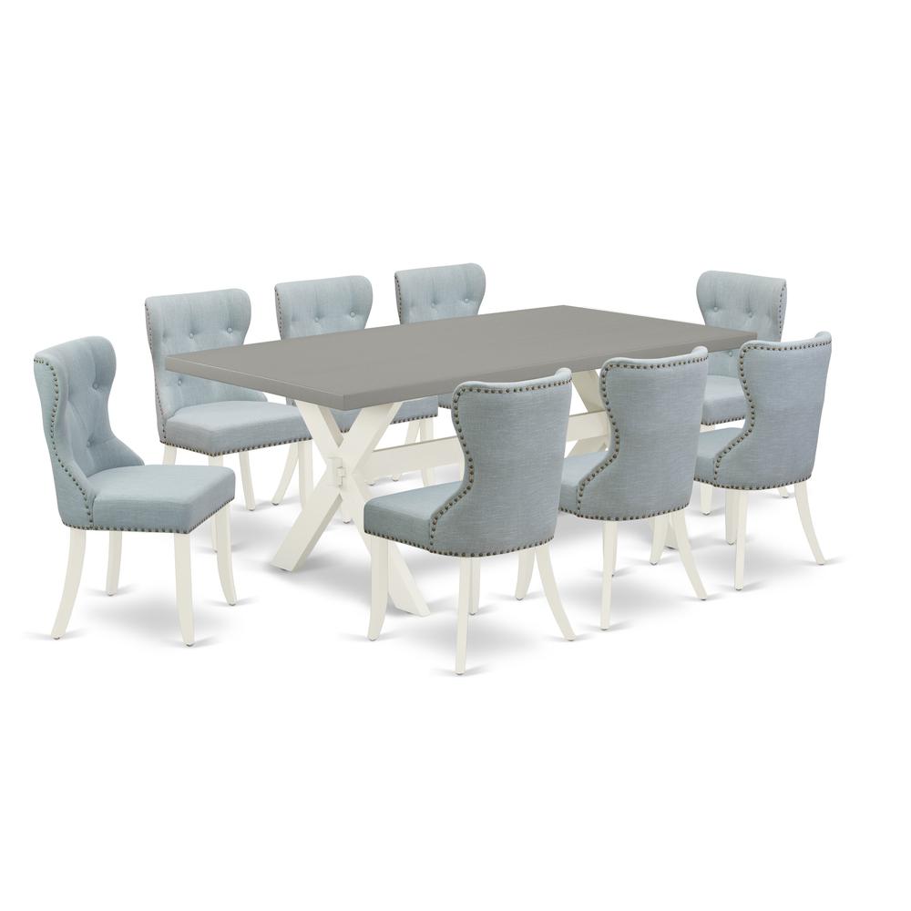 East West Furniture X097SI215-9 9-Piece Dining Table Set- 8 Upholstered Dining Chairs with Baby Blue Linen Fabric Seat and Button Tufted Chair Back - Rectangular Table Top & Wooden Cross Legs - Cement. Picture 1