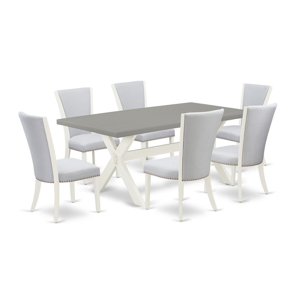 East West Furniture 7-Pc Dining Room Set Includes 6 Upholstered Dining Chairs with Upholstered Seat and Stylish Back-Rectangular Kitchen Table - Cement and Wirebrushed Linen White Finish. Picture 1