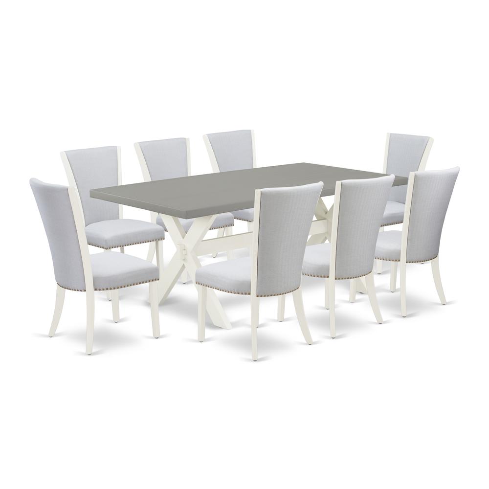 East West Furniture 9-Piece Dining Room Set Includes 8 Mid Century Dining Chairs with Upholstered Seat and Stylish Back-Rectangular Dining Room Table - Cement and Wirebrushed Linen White Finish. Picture 1