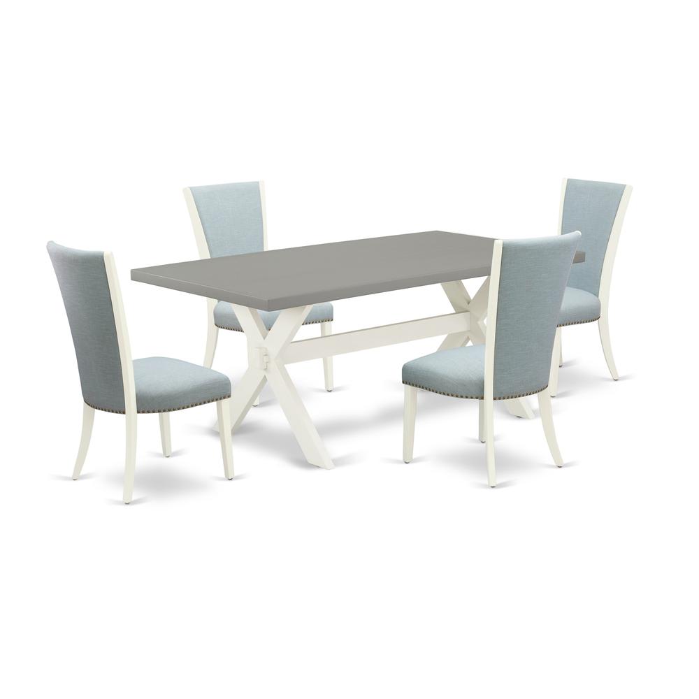 East West Furniture X097VE215-5 5 Piece Modern Dining Table Set - 4 Baby Blue Linen Fabric Dining Room Chairs with Nailheads and Cement Dining Room Table - Linen White Finish. Picture 1