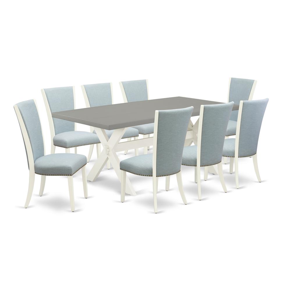 East West Furniture X097VE215-9 9 Piece Kitchen Table Set - 8 Baby Blue Linen Fabric Dinning Room Chairs with Nailheads and Cement Wooden Table - Linen White Finish. Picture 1