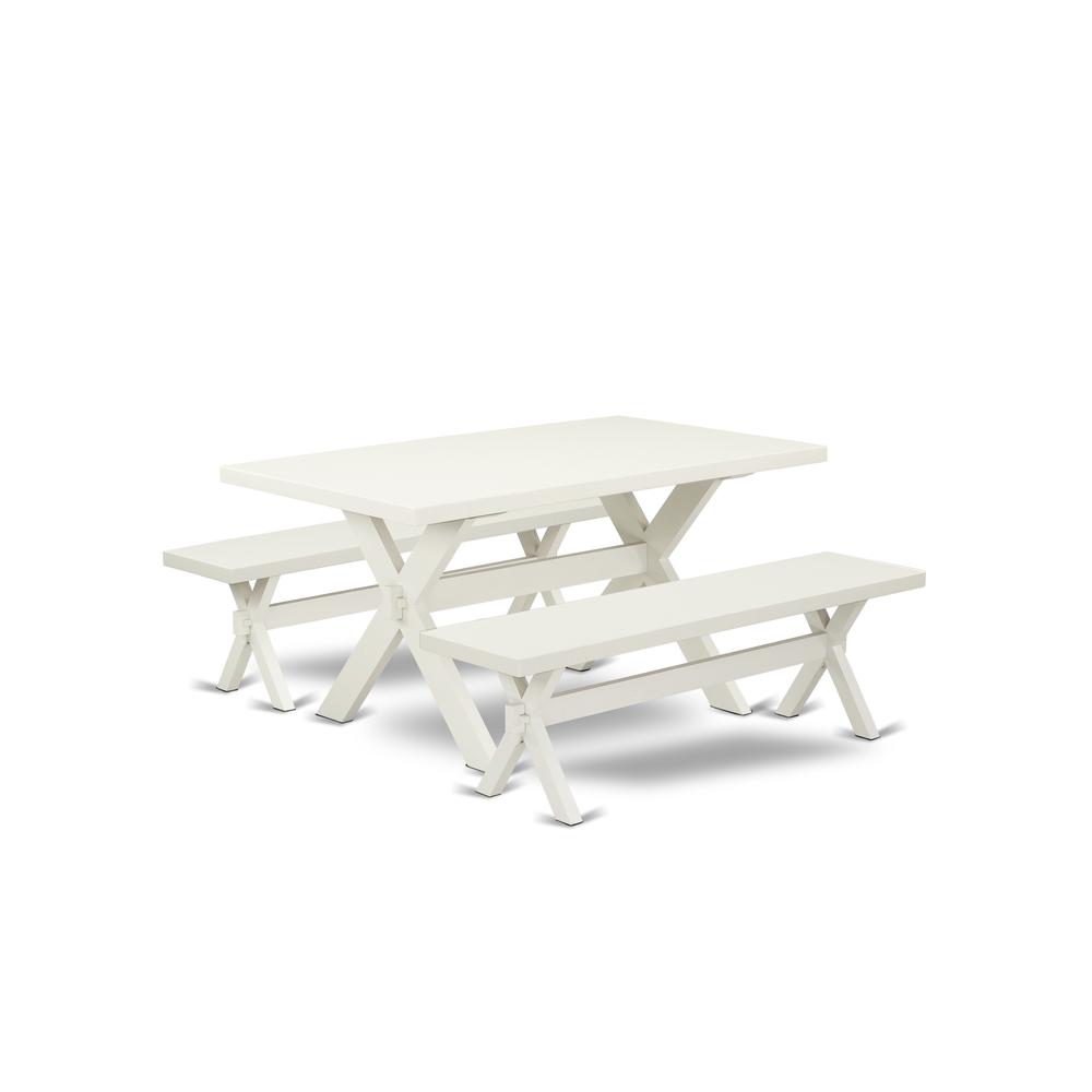 East West Furniture X2-026 3 Piece Kitchen Dining Table Set - 1 Linen White Wood Table and 2 Wood Benches - Stable and Sturdy Constructed - Linen White Finish. Picture 1