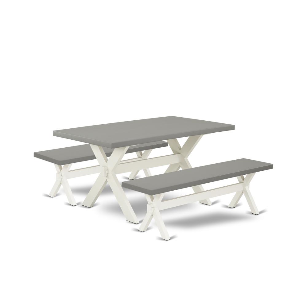 East West Furniture X2-096 3 Piece Kitchen Set - 1 Cement Modern Dining Table and 2 Mid Century Modern Bench - Stable and Sturdy Constructed - Linen White Finish. Picture 1