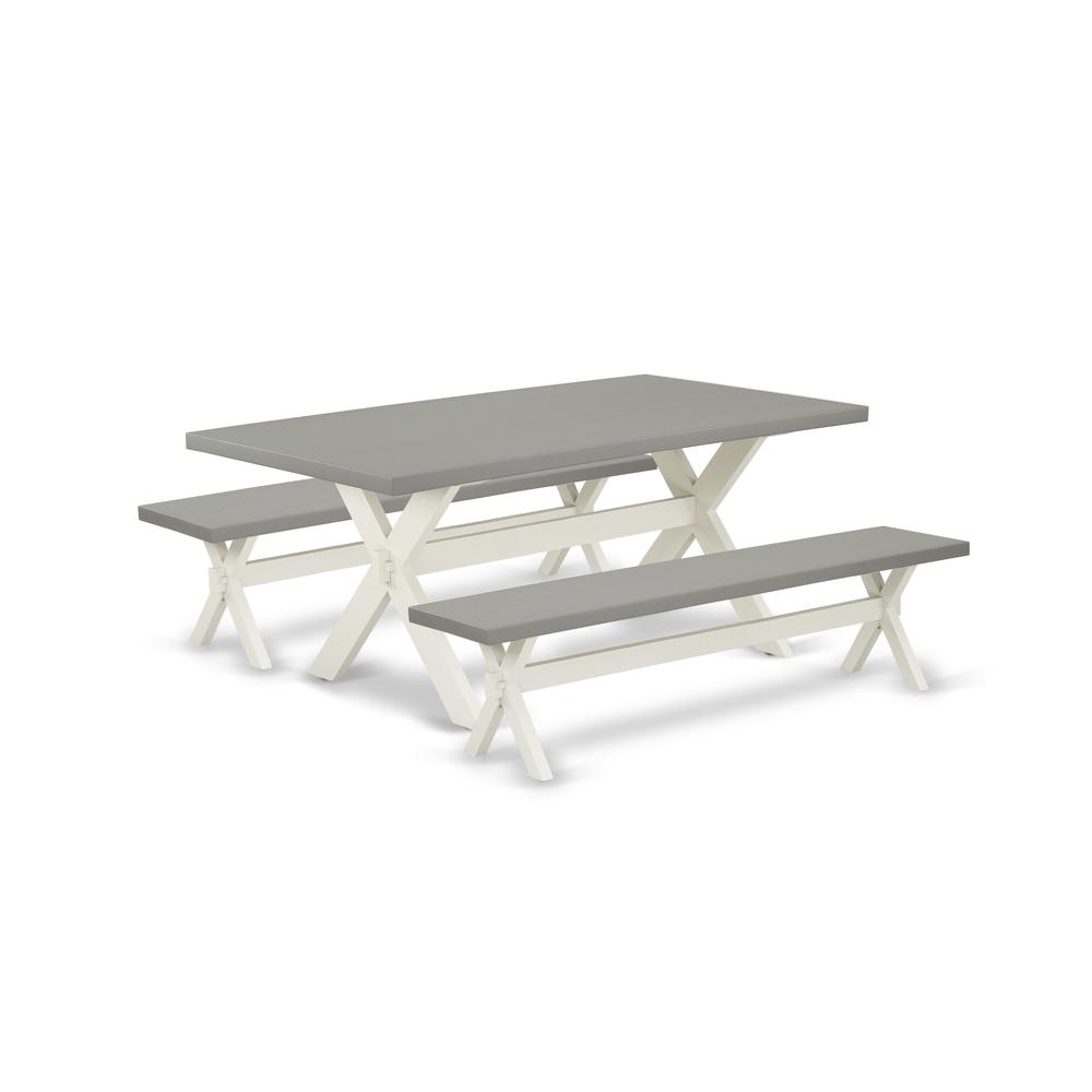 East West Furniture X2-097 3 Piece Table Set - 1 Cement Dining Room Table and 2 Bench for Dining Room Table - Stable and Sturdy Construction - Linen White Finish. Picture 1