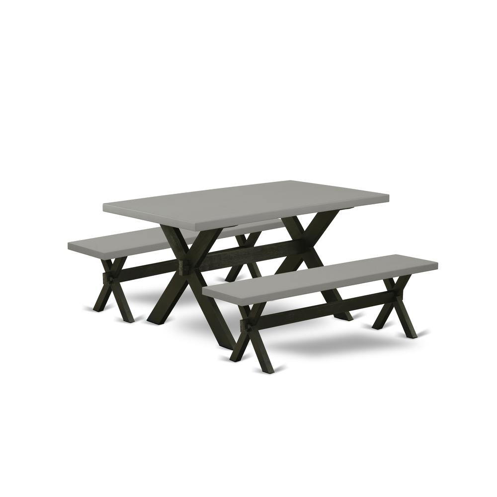 East West Furniture X2-696 3 Piece Dining Set - 1 Cement Dining Room Table and 2 Table Bench - Stable and Durable Construction - Wire Brushed Black Finish. Picture 1