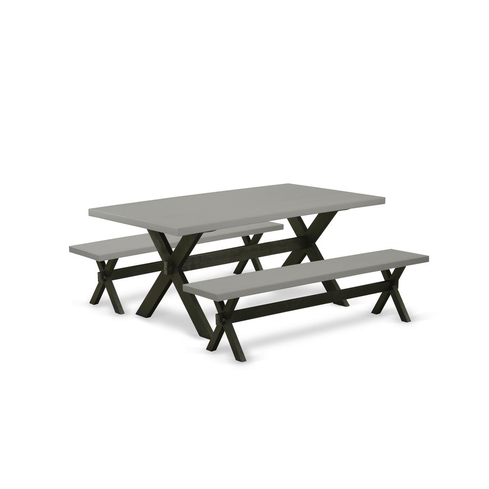 East West Furniture X2-697 3 Pc Small Dining Table Set for 4 - A Cement Dining Room Table with 2 Modern Benches - Stable and Durable Construction - Wire Brushed Black Finish. Picture 1