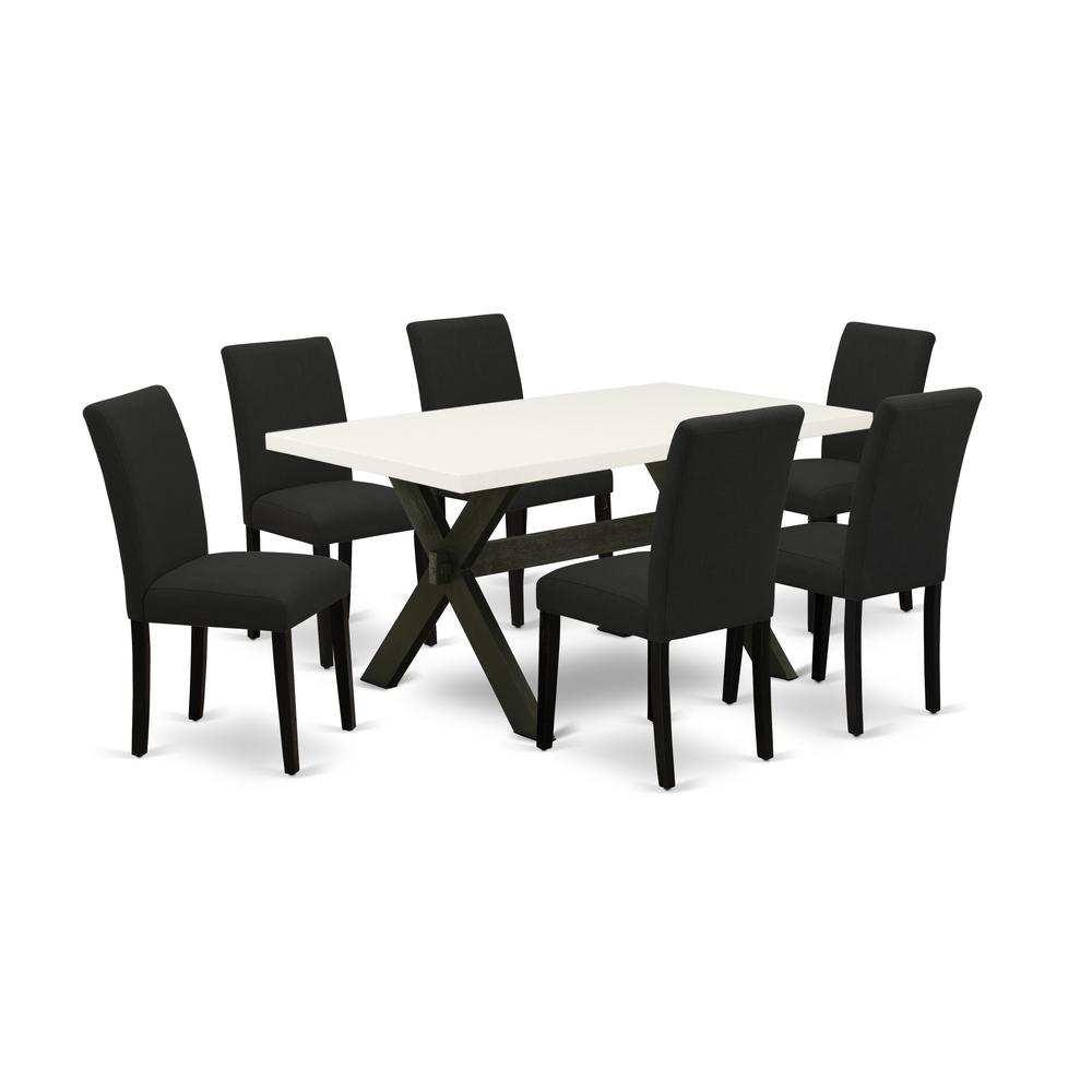 East West Furniture 7-Piece Dinette Set Includes 6 Dining Room Chairs with Upholstered Seat and High Back and a Rectangular Dining Room Table - Black Finish. Picture 1