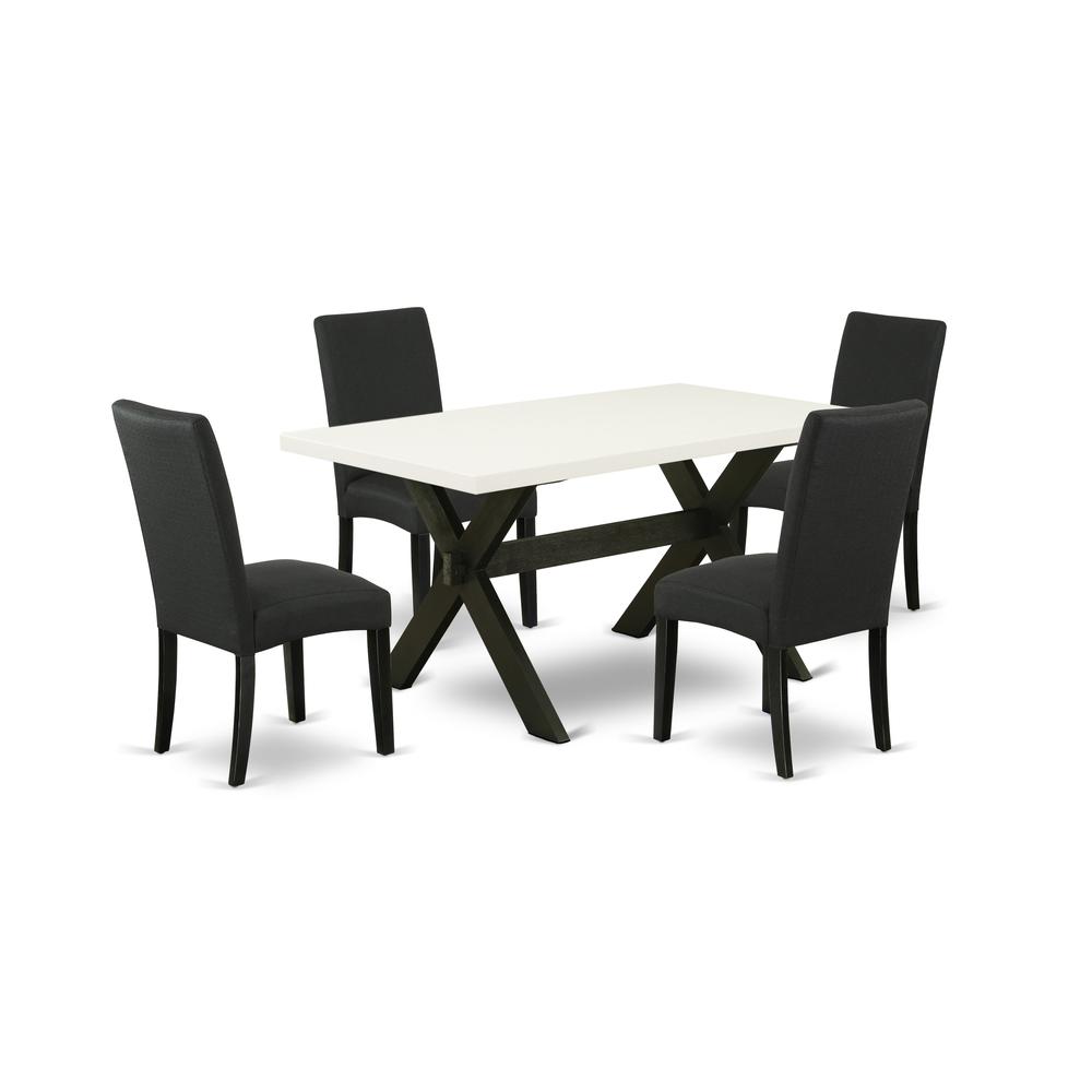 East West Furniture X626DR124-5 5-Pc Dining Table Set- 4 Parson Dining Chairs with Black Linen Fabric Seat and Stylish Chair Back - Rectangular Table Top & Wooden Cross Legs - Linen White and Black Fi. Picture 1