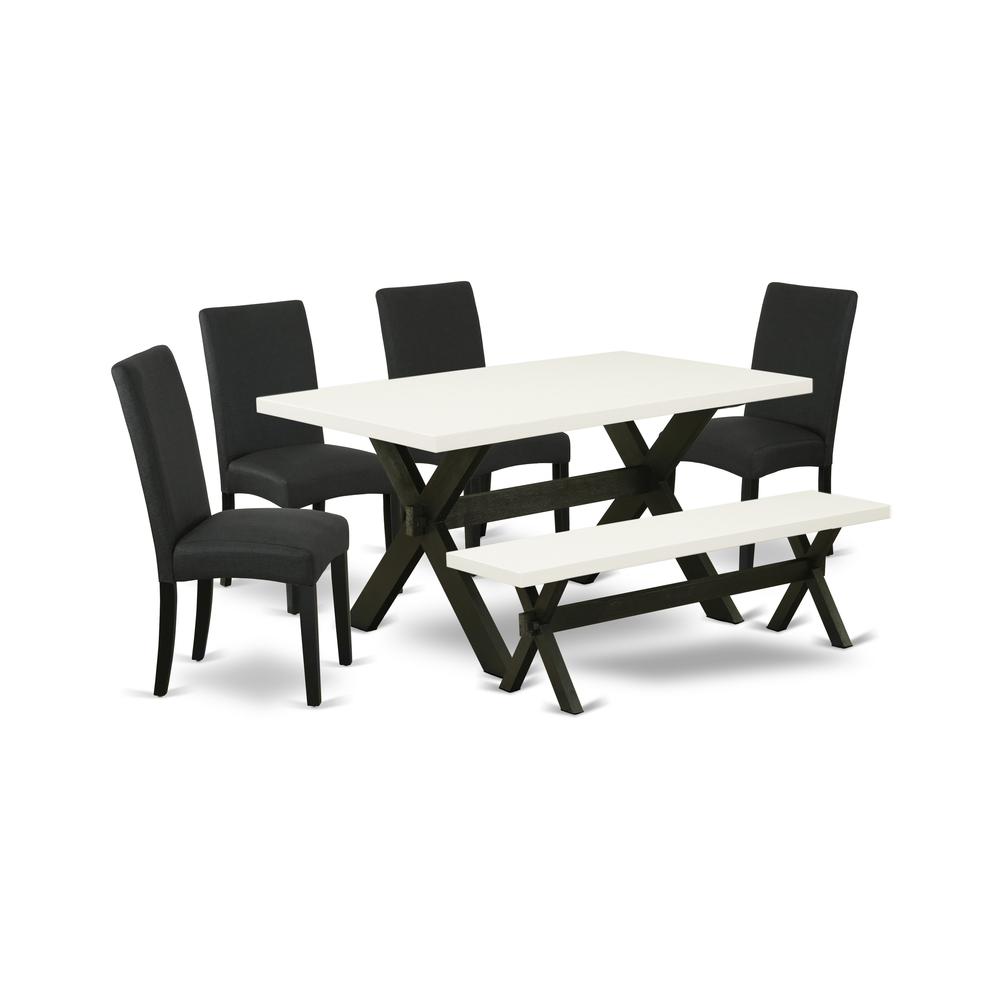 East West Furniture X626DR124-6 6-Pc Dinette Room Set- 4 Parson Dining Chairs with Black Linen Fabric Seat and Stylish Chair Back - Rectangular Top & Wooden Cross Legs Dining Table and Wooden Dining B. Picture 1
