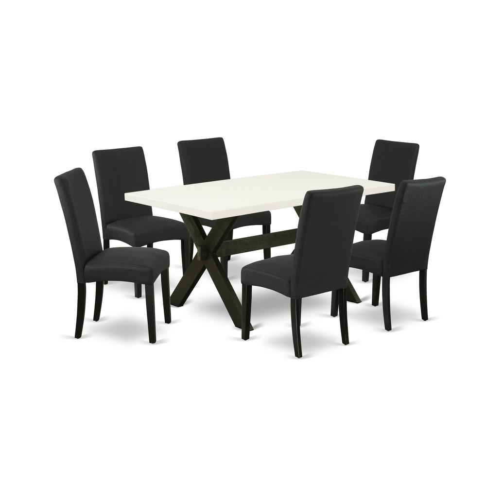 East West Furniture X626DR124-7 7-Piece Dining Room Table Set- 6 Dining Chair with Black Linen Fabric Seat and Stylish Chair Back - Rectangular Table Top & Wooden Cross Legs - Linen White and Black Fi. Picture 1