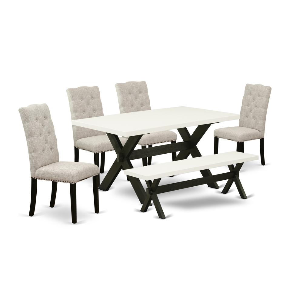 East West Furniture 6-Pc Dining room Table Set-Doeskin Linen Fabric Seat and Button Tufted Chair Back Parson chairs, A Rectangular Bench and Rectangular Top Mid Century Dining Table with Hardwood Legs. Picture 1