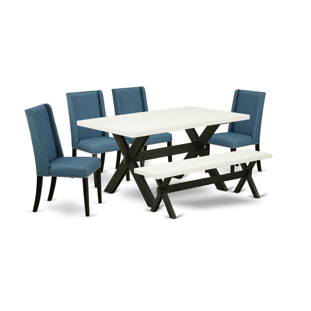 East West Furniture X626FL121-6 6-Piece Gorgeous Dinette Set a Superb Linen White Color dining table Top and Linen White Color Kitchen Bench and 4 Stunning Linen Fabric Dining Chairs with Nail Heads a. Picture 1