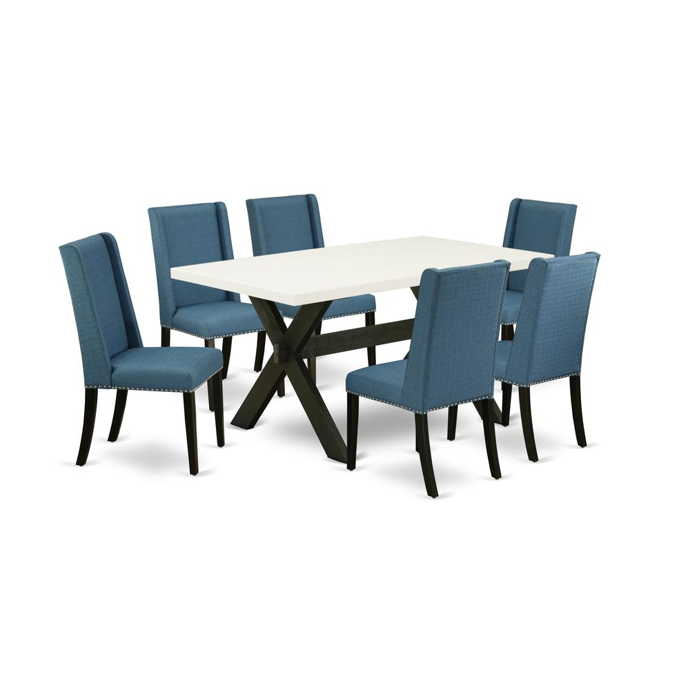 East West Furniture X626FL121-7 7-Piece Awesome a Good Linen White Dining Table Top and 6 Attractive Linen Fabric Padded Parson Chairs with Nail Heads and Stylish Chair Back, Wire Brushed Black Finish. Picture 1