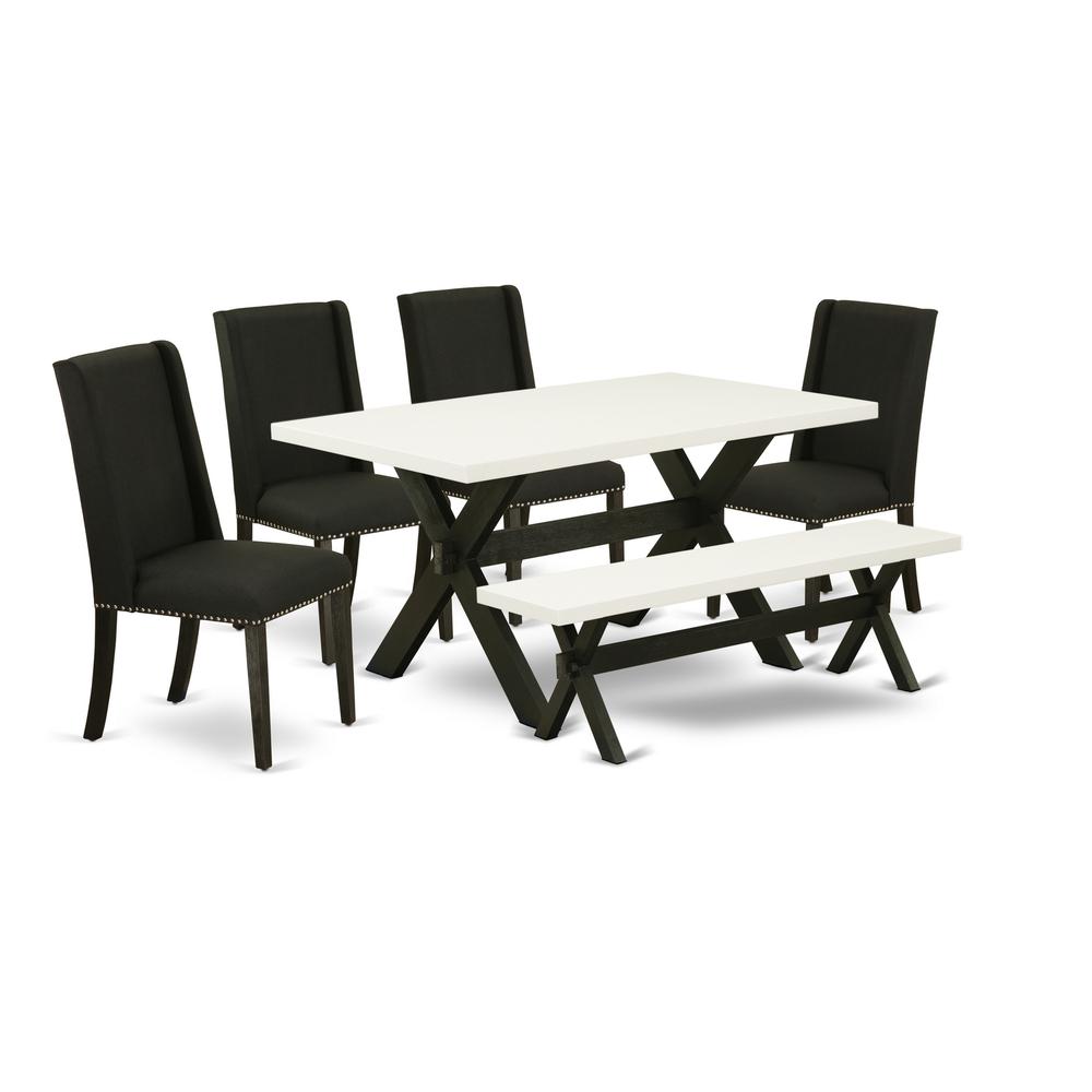 East West Furniture 6-Pc -Black Linen Fabric Seat and High Stylish Chair Back Parson chairs, A Rectangular Bench and Rectangular Top Modern Dining Table with Solid Wood Legs - Linen White and Wire bru. Picture 1