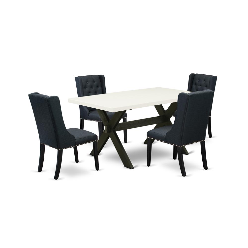 East West Furniture X626FO624-5 5 Piece Dining Table Set Includes 4 Black Linen Fabric Padded Chair with Button Tufted and Linen White Dining Room Table - Wire Brush Black Finish. Picture 1