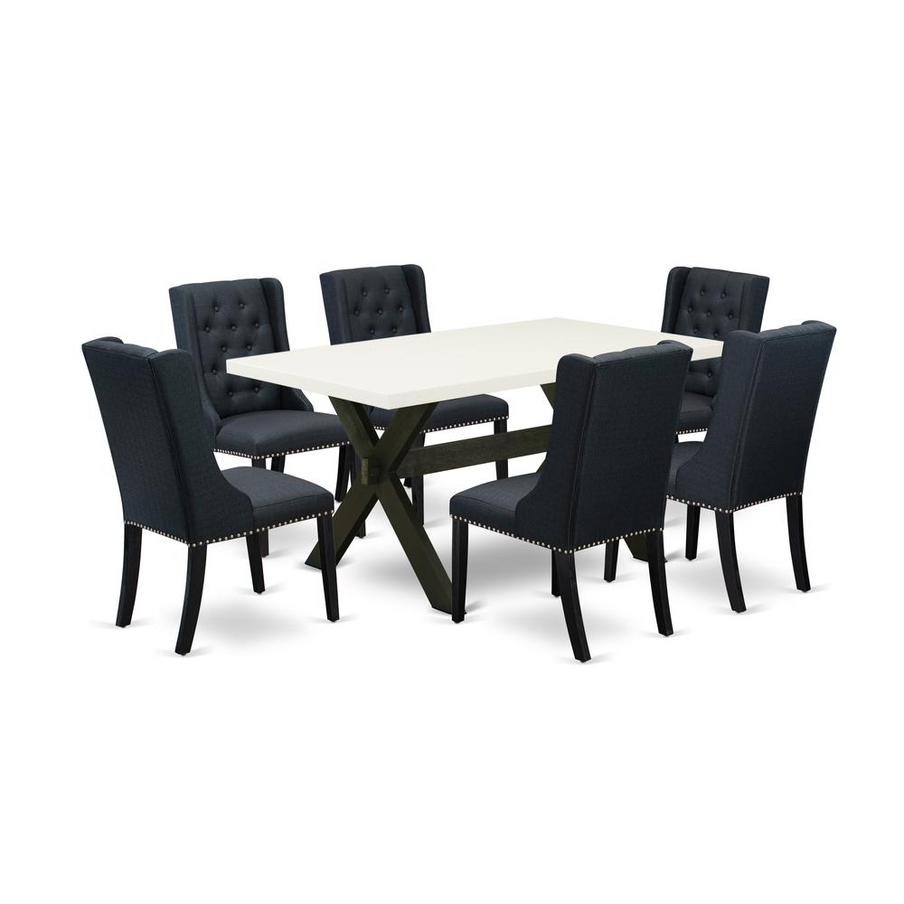 East West Furniture X626FO624-7 7 Pc Dining Set - 6 Black Linen Fabric Parsons Chair Button Tufted with Nail heads and Linen White Rectangular Dining Table - Wire Brush Black Finish. Picture 1
