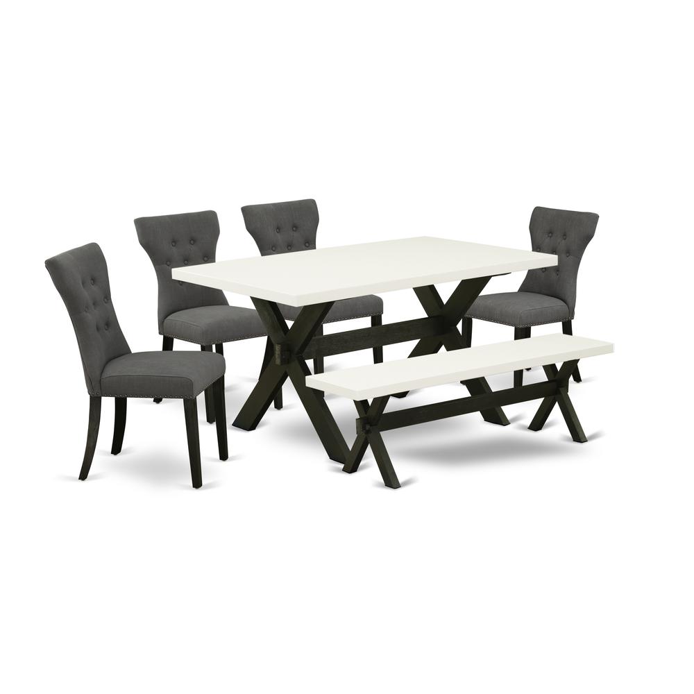 East West Furniture 6-Pc Dining room Table Set-Dark Gotham Grey Linen Fabric Seat and Button Tufted Chair Back Kitchen chairs, A Rectangular Bench and Rectangular Top Wood Kitchen Table with Wooden Le. Picture 1