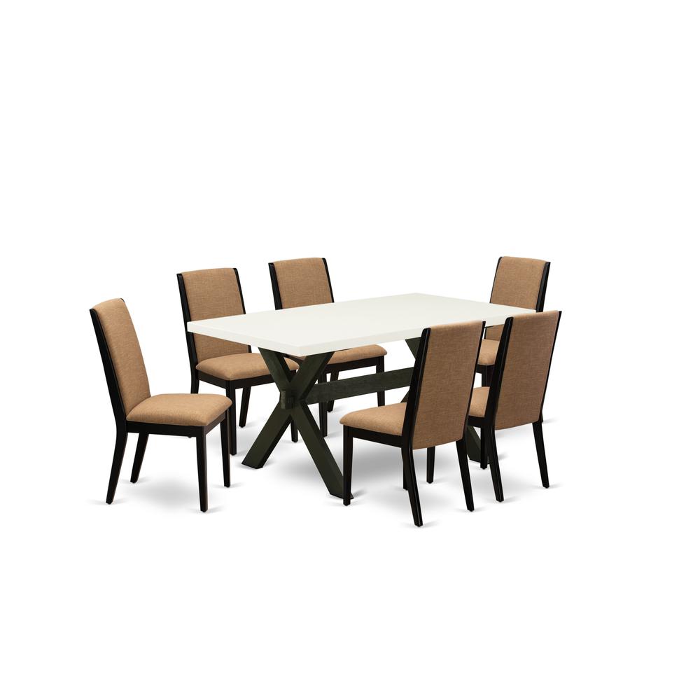 East West Furniture X626LA147-7 7-Piece Gorgeous a Good Linen White dining table Top and 6 Awesome Linen Fabric Parson Dining Chairs with Stylish Chair Back, Wire Brushed Black Finish. Picture 1