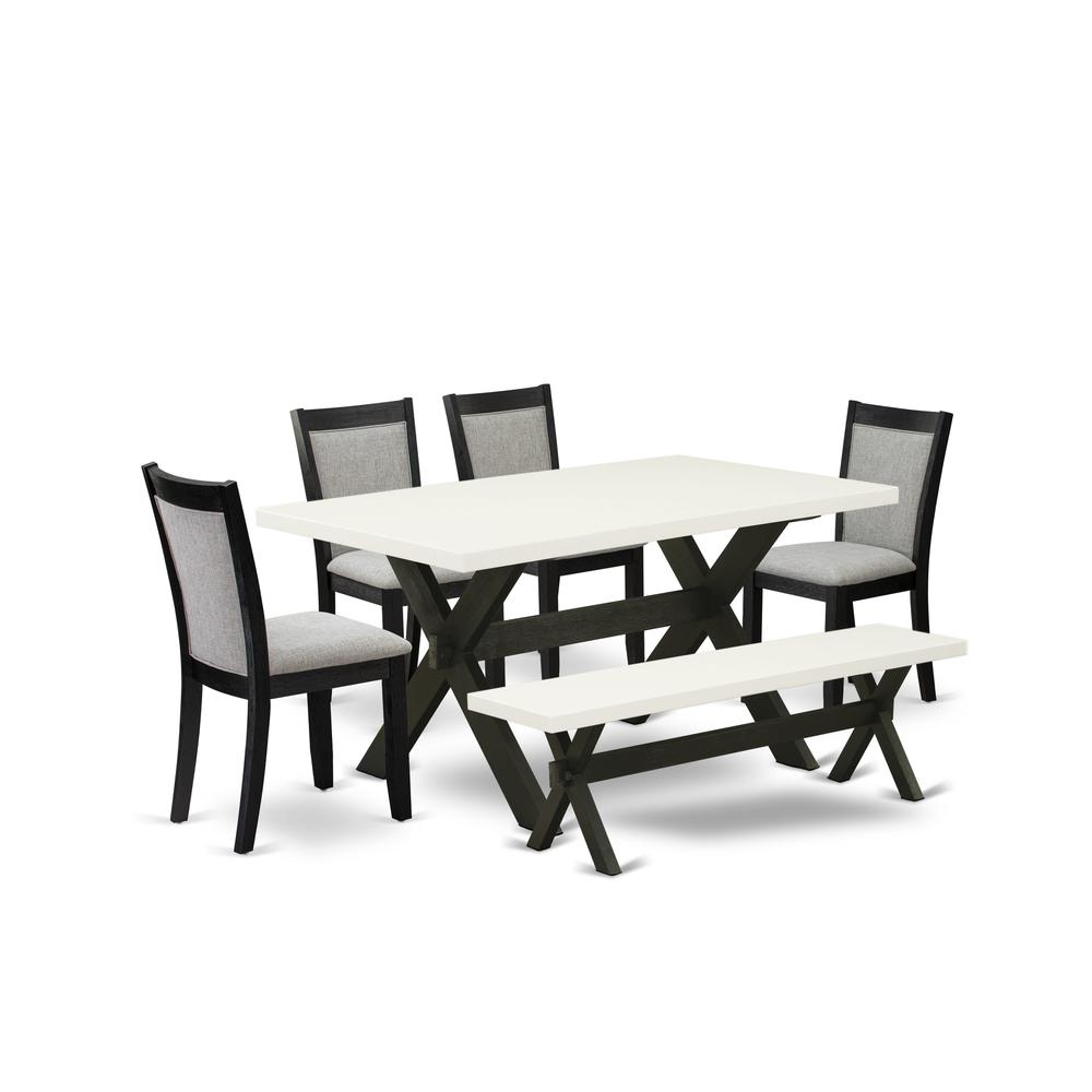 X626MZ606-6 6 Pc Kitchen Table Set - Linen White Table with a Rustic Bench and 4 Shitake Dining Chairs - Wire Brushed Black Finish. Picture 2