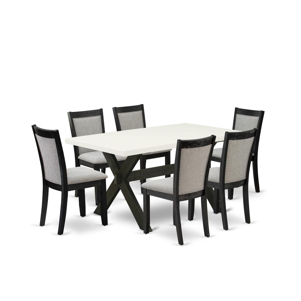 X626MZ606-7 7 Pc Dining Table Set - Linen White Wooden Dining Table with 6 Shitake Dinning Chairs - Wire Brushed Black Finish. Picture 2