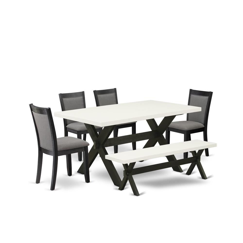 X626MZ650-6 6 Pc Table Set - Linen White Dinner Table with Kitchen Bench and 4 Dark Gotham Grey Chairs - Wire Brushed Black Finish. Picture 2