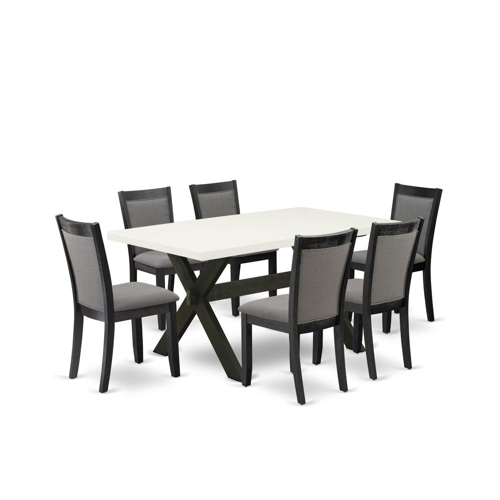 X626MZ650-7 7 Pc Dining Set - Linen White Dining Table with 6 Dark Gotham Grey Chairs - Wire Brushed Black Finish. Picture 2