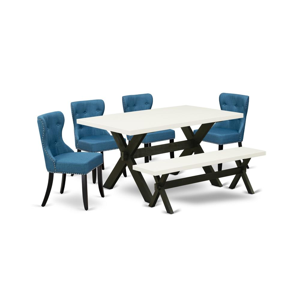East West Furniture X626SI121-6 6-Piece Dining Table Set- 4 Upholstered Dining Chairs with Blue Linen Fabric Seat and Button Tufted Chair Back - Rectangular Top & Wooden Cross Legs Dining Table and Di. Picture 1