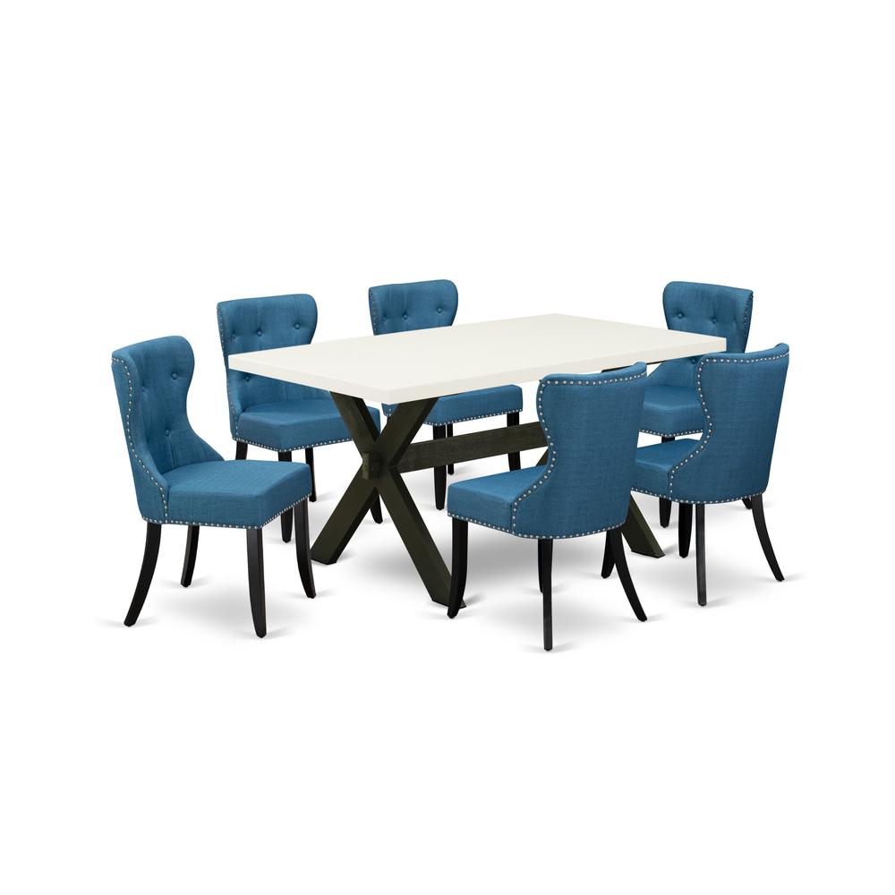 East West Furniture X626SI121-7 7-Pc Dining Table Set- 6 Parson Chairs with Blue Linen Fabric Seat and Button Tufted Chair Back - Rectangular Table Top & Wooden Cross Legs - Linen White and Black Fini. Picture 1