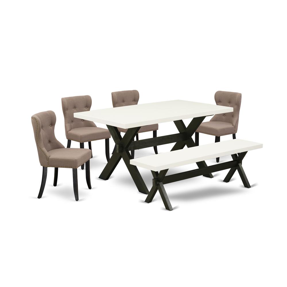 East West Furniture 6-Pc Kitchen Dinette Set-Coffee Linen Fabric Seat and Button Tufted Back Dining Chairs and Rectangular Top Living Room Table and wooden Bench with Wood Legs - Linen White and Wireb. Picture 1