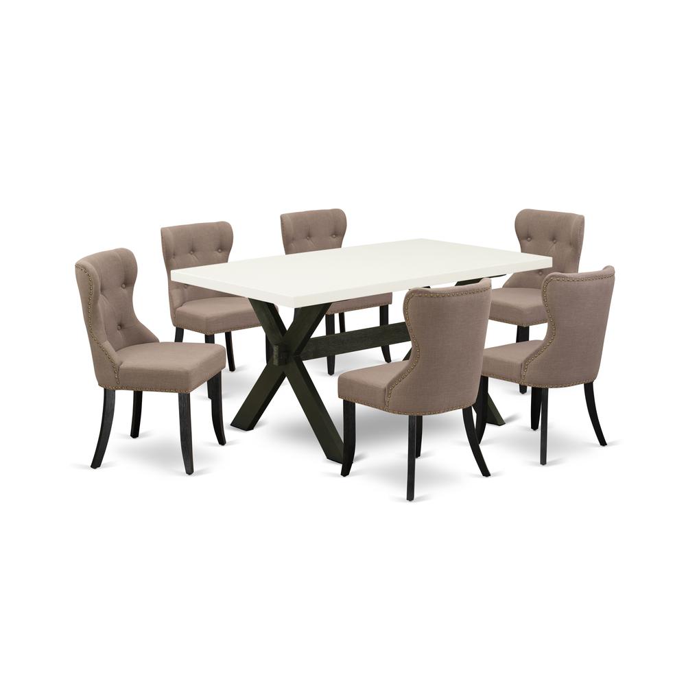 East West Furniture 7-Piece Dining Set-Coffee Linen Fabric Seat and Button Tufted Back Kitchen Chairs and Rectangular Top Dinner Table with Wood Legs - Linen White and Wirebrushed Black Finish. The main picture.