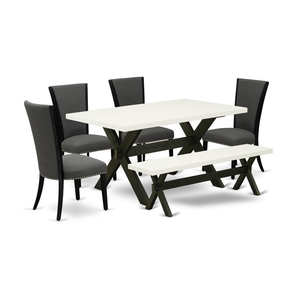 East West Furniture X626VE650-6 6 Piece Kitchen Table Set - 4 Dark Gotham Grey Linen Fabric Chairs for Dining Room with Nailheads and Linen White Wooden Dining Table - 1 Modern Bench - Black Finish. Picture 1