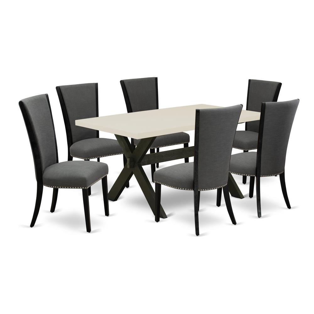 East West Furniture 7 Pc Dinner Table Set Consists of a Linen White Modern Kitchen Table and 6 Dark Gotham Grey Linen Fabric Dining Chairs with High Back - Wire Brushed Black Finish. Picture 2