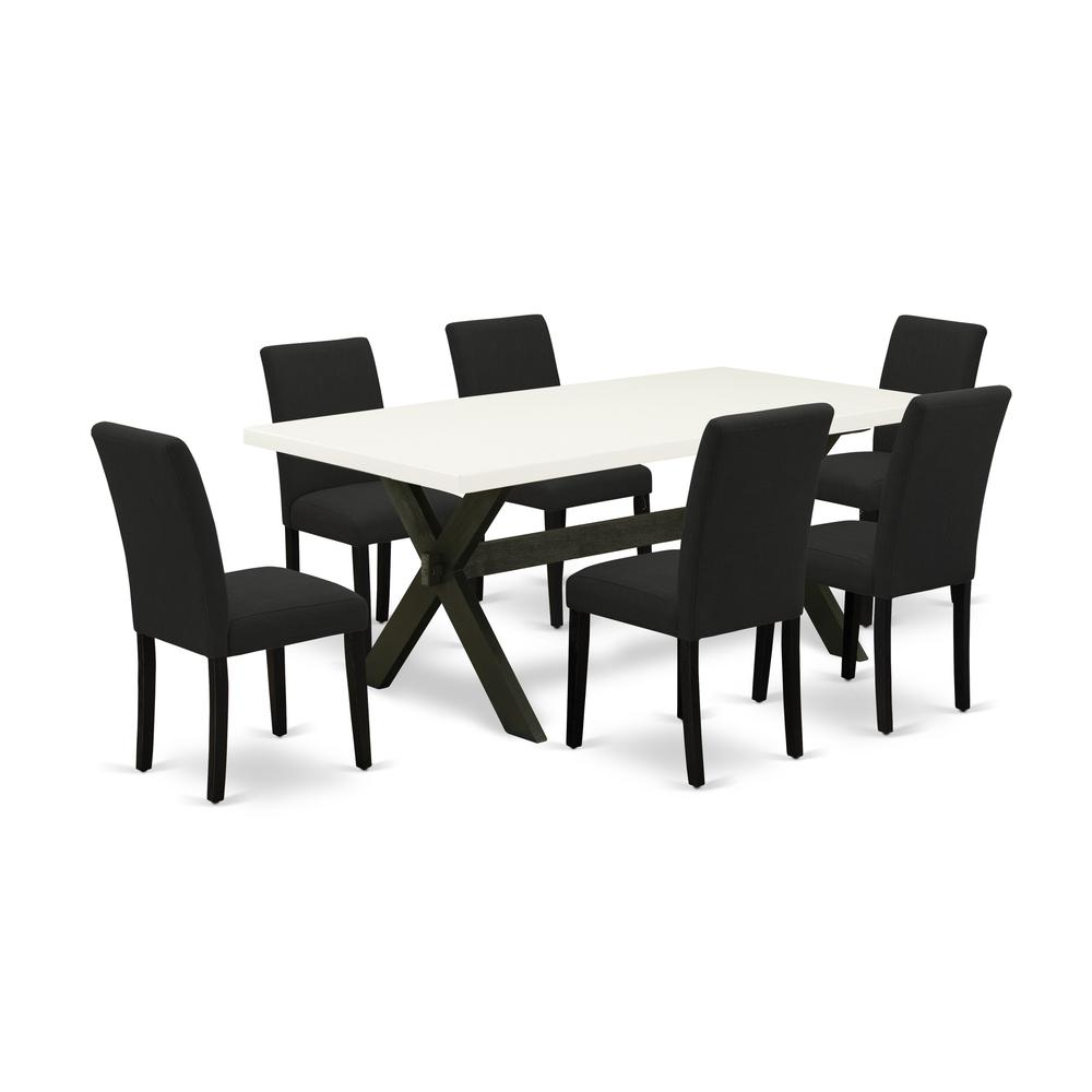 East West Furniture 7-Pc Dining Table Set Includes 6 Mid Century Modern Chairs with Upholstered Seat and High Back and a Rectangular Dining Table - Black Finish. Picture 1