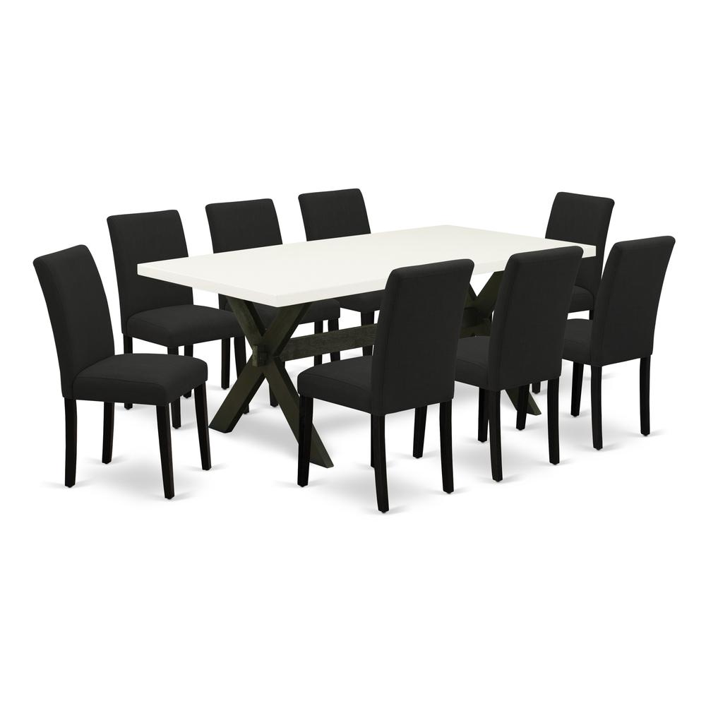 East West Furniture 9-Pc Dinette Set Includes 8 Parson dining chairs with Upholstered Seat and High Back and a Rectangular Breakfast Table - Black Finish. Picture 1
