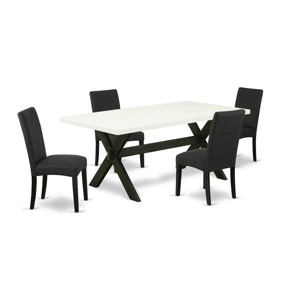 East West Furniture X627DR124-5 5-Piece Modern Dining Set- 4 Parson Chairs with Black Linen Fabric Seat and Stylish Chair Back - Rectangular Table Top & Wooden Cross Legs - Linen White and Black Finis. Picture 1