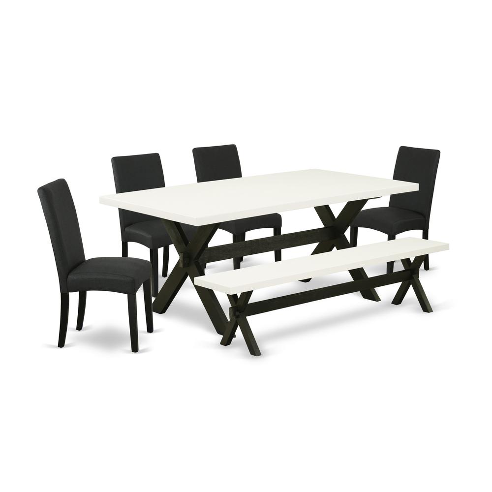 East West Furniture X627DR124-6 6-Pc Modern Dining Set- 4 Parson Dining Room Chairs with Black Linen Fabric Seat and Stylish Chair Back - Rectangular Top & Wooden Cross Legs Mid Century Dining Table a. Picture 1