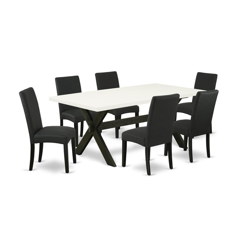East West Furniture X627DR124-7 7-Piece Dining Room Table Set- 6 Upholstered Dining Chairs with Black Linen Fabric Seat and Stylish Chair Back - Rectangular Table Top & Wooden Cross Legs - Linen White. Picture 1