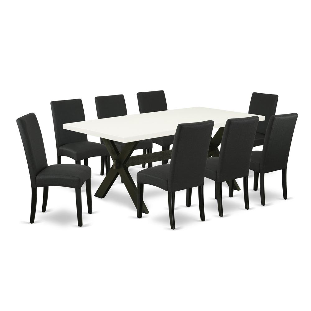 East West Furniture X627DR124-9 9-Pc Kitchen Dining Set- 8 Upholstered Dining Chairs with Black Linen Fabric Seat and Stylish Chair Back - Rectangular Table Top & Wooden Cross Legs - Linen White and B. Picture 1