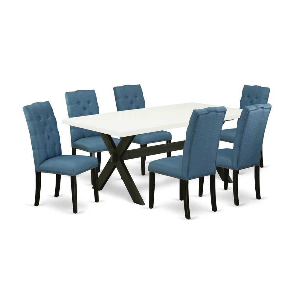 East West Furniture X627EL121-7 7-Piece Beautiful Dining Room Set an Excellent Linen White Kitchen Rectangular Table Top and 6 Excellent Linen Fabric Kitchen Chairs with Nail Heads and Button Chair Ba. Picture 1