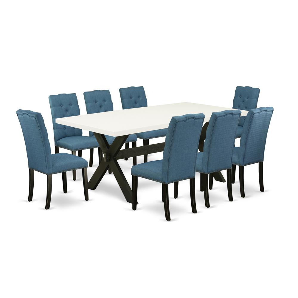 East West Furniture X627EL121-9 9-Piece Amazing Dining Set a Superb Cement Color Wood Dining Table Top and 8 Beautiful Solid Wood Legs and Linen Fabric Seat Parson Chairs with Nail Heads and Button Tu. Picture 1