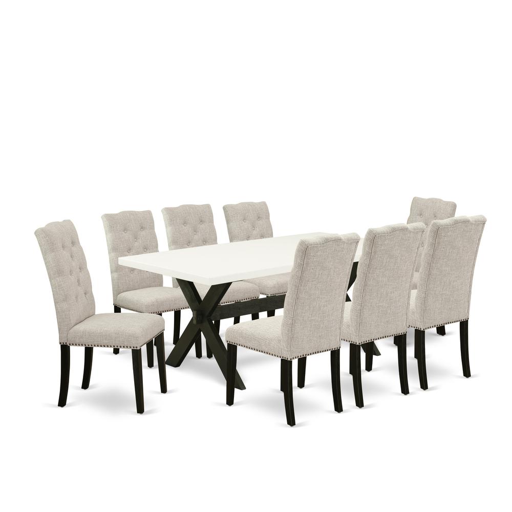 East West Furniture X627EL635-9 - 9-Piece Dining Table Set - 8 Person Dining Chairs and Rectangular Table Solid Wood Frame – High Back Button tufted. Picture 1