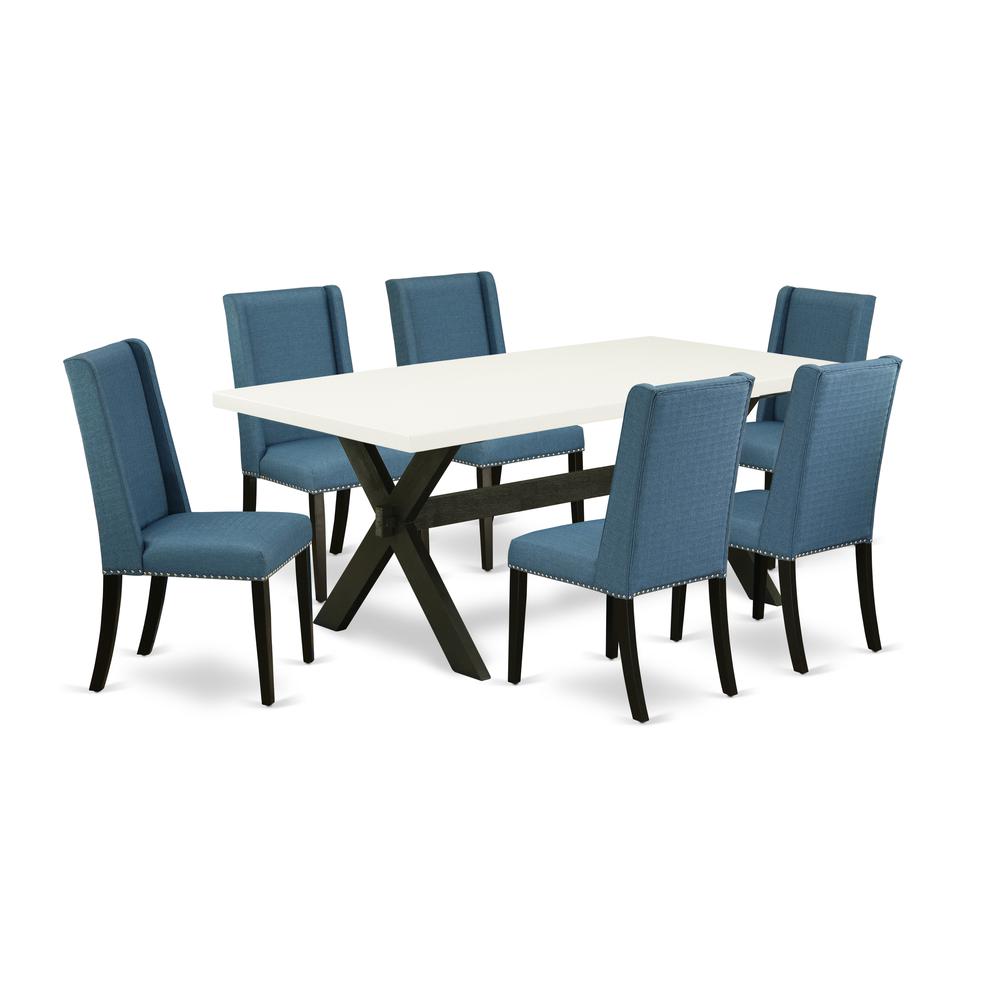 East West Furniture X627FL121-7 7-Piece Fashionable Dinette Set a Superb Linen White Modern Dining Table Top and 6 Attractive Linen Fabric Solid Wood Leg Chairs with Nail Heads and Stylish Chair Back,. Picture 1